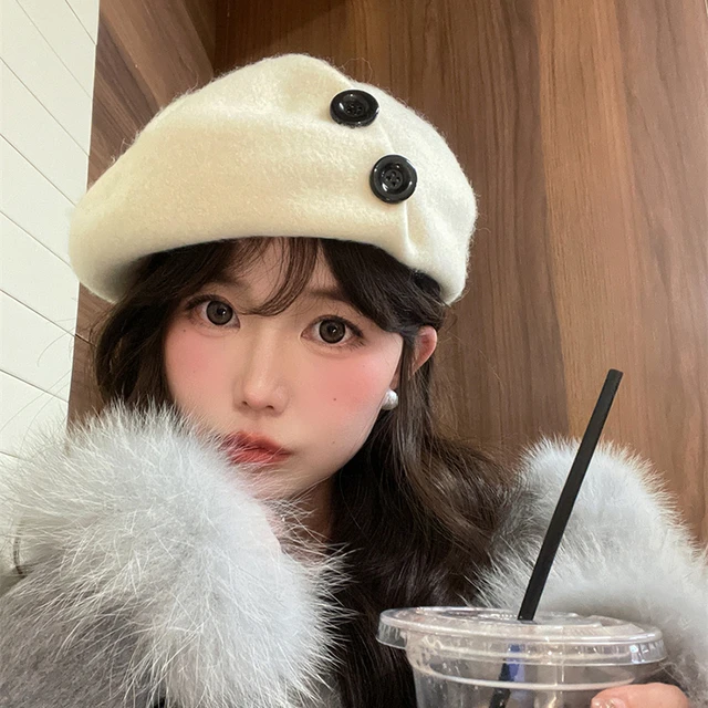 韩系纽扣羊毛呢贝雷帽高级感秋冬气质百搭蓓蕾帽网红画家帽显脸小