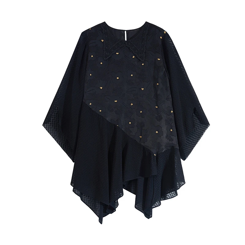 吉丘古儿暗香浮动系列七分袖T恤G231Y042复古雪纺剪花不对称上衣