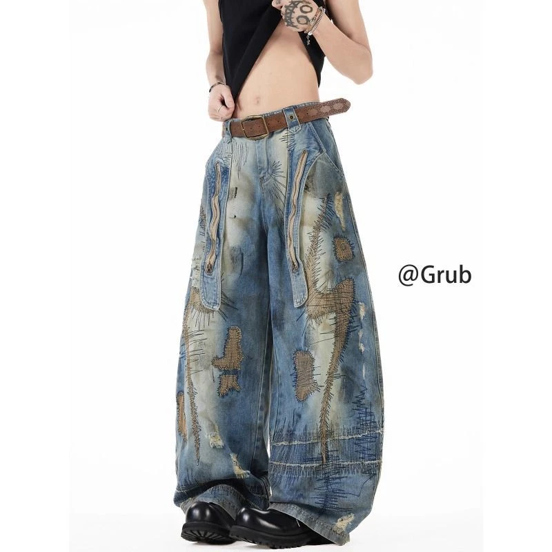 美式重工弯刀牛仔裤男女秋季潮牌乱针刺绣污渍裤子废土风阔腿长裤