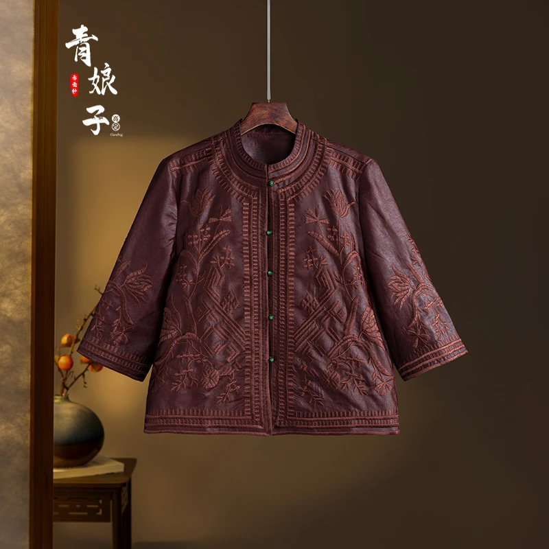 青娘子香云纱（兰泽）龟纹刺绣简约时尚中式国风宽松百搭上衣-60229