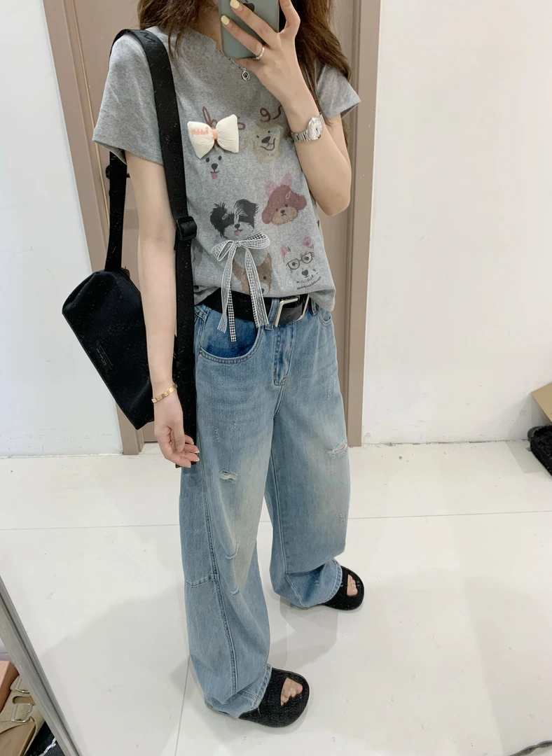 椿·予静【立体蝴蝶结工艺绑带】狗狗设计T恤