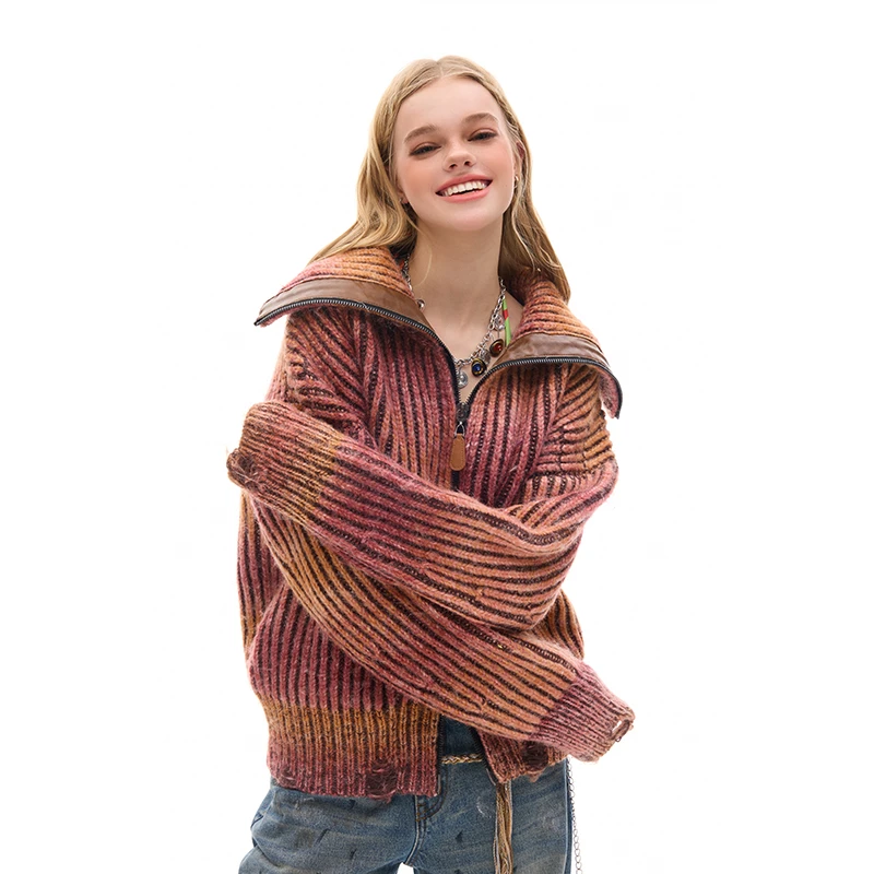 现货美式复古渐变双色粗坑纹理毛衣外套 BZ24DXX598-1SC