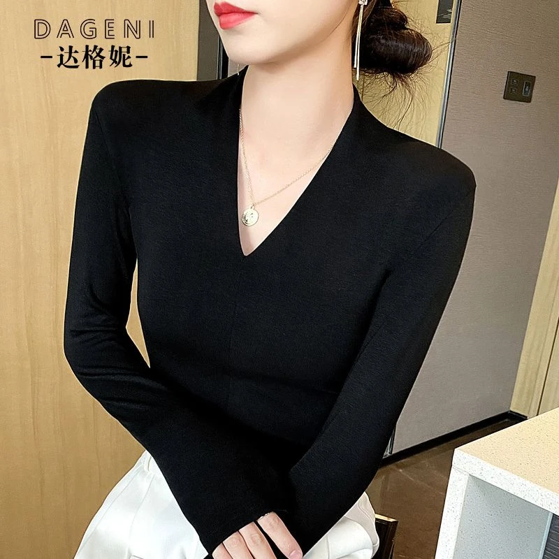 黑色V领t恤女长袖春秋新款修身洋气弹力打底衫内搭外穿高级感上衣
