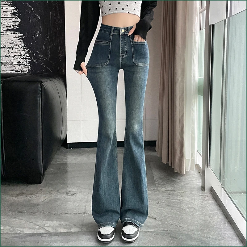 水泥灰微喇牛仔裤女2026春季新款高腰瘦弹力修身拖地喇叭裤女