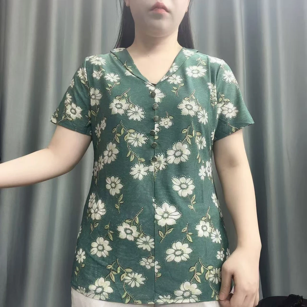 323带弹力碎花妈妈装上衣