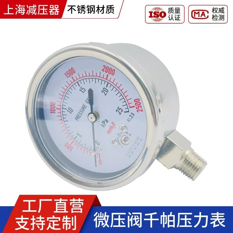 不锈钢膜盒压力表KPa千帕表YE-60BF天然气微压阀专用表npt1/4上j