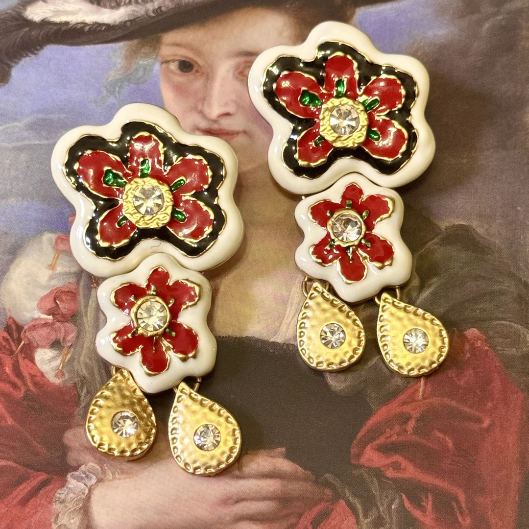 铜合金锆石耳饰 「迪拜宫殿」美！中古vintage耳环红色流苏中式耳环