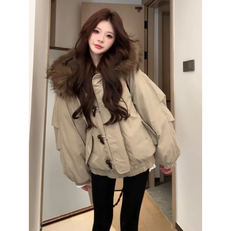 毛领连帽牛角扣羽绒棉服女冬季2025新款美式复古派克保暖外套上衣