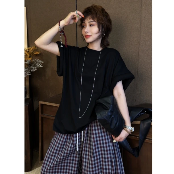 HY1987罗罗韩版卷边短袖T恤复古大码T恤设计感宽松时尚显瘦夏季