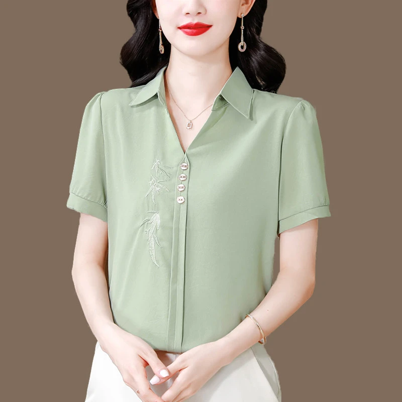 真丝衬衫女2025夏新款妈妈装高级时尚短袖衬衣绣花缎面桑蚕丝上衣