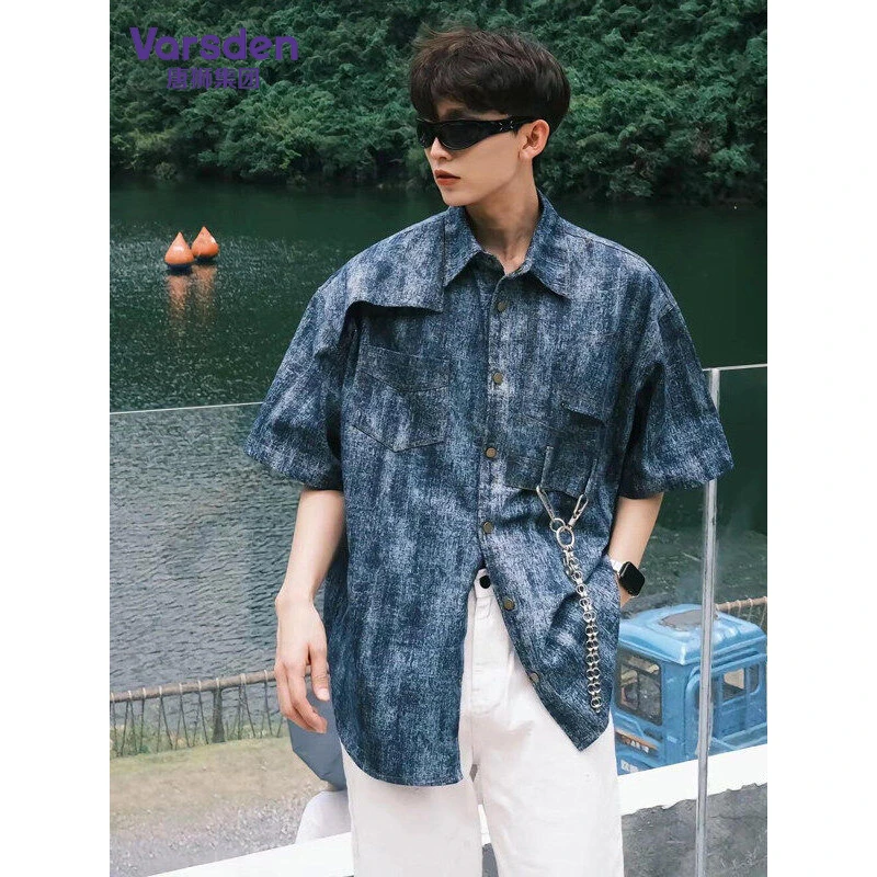 唐狮集团Varsden美式复古蓝色夏季牛仔外套做旧扎染设计男士衬衣