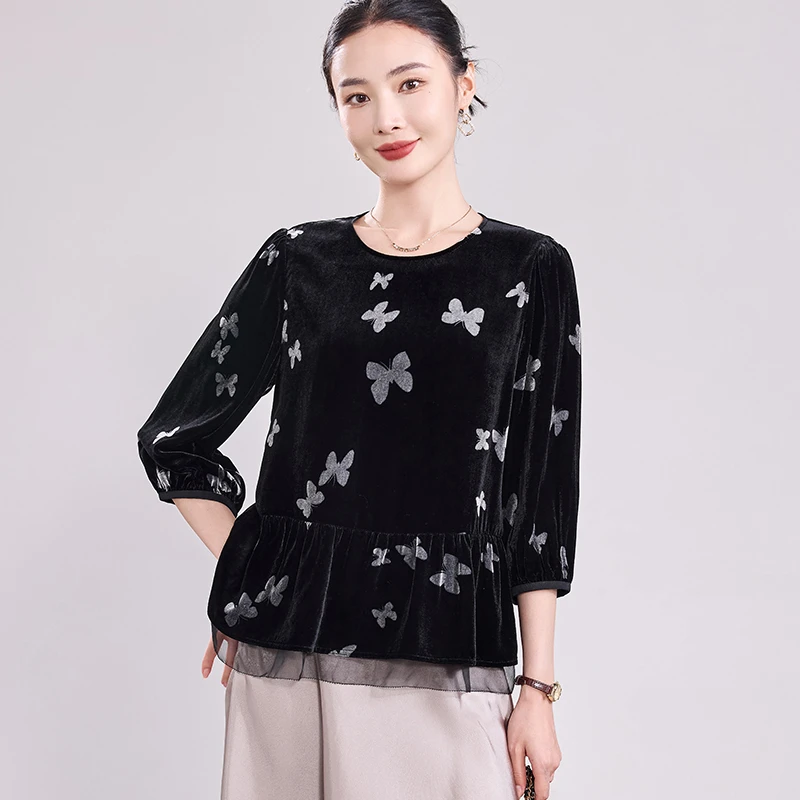高端真丝丝绒上衣女圆领桑蚕丝T恤印花收腰显瘦别致妈妈外套春秋