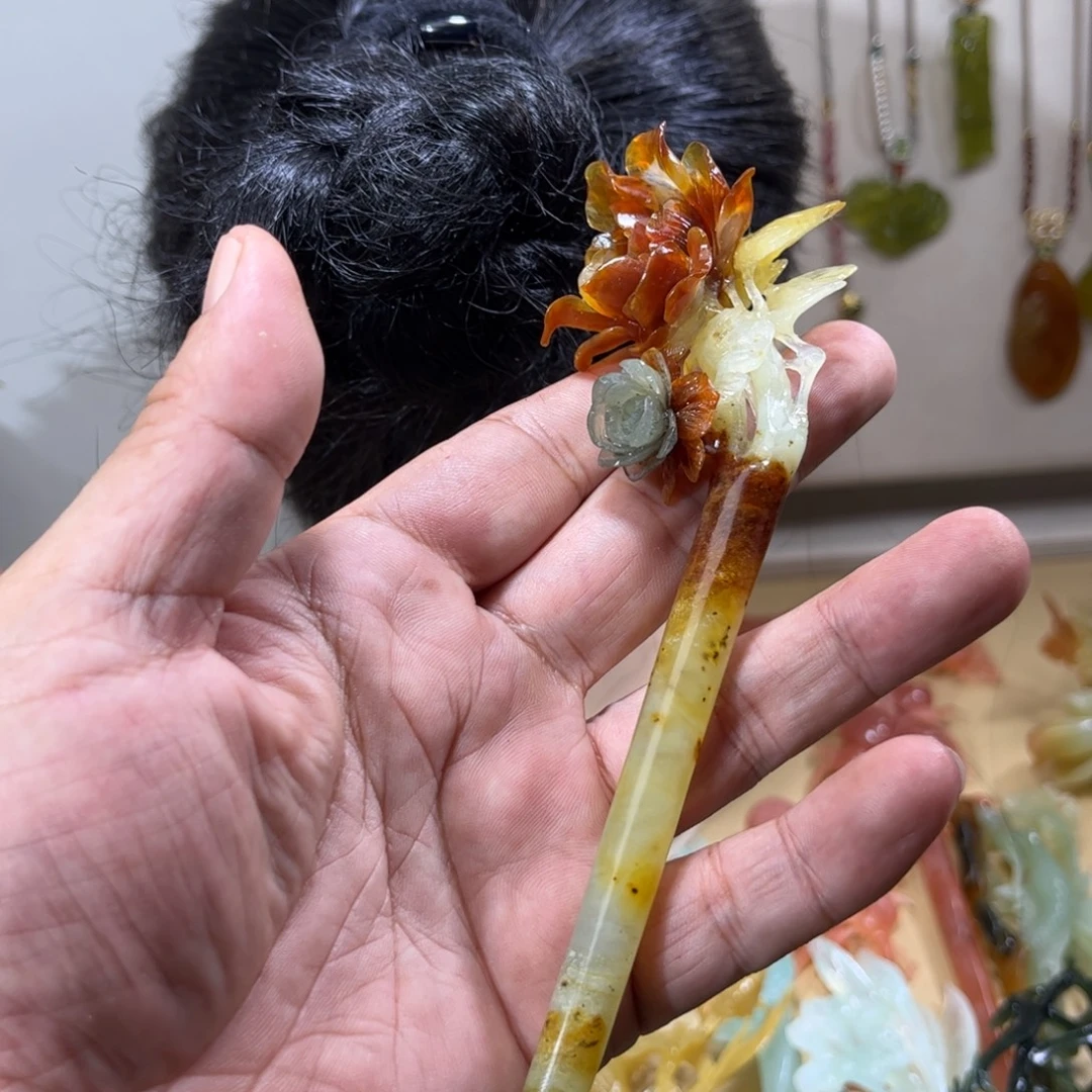 春***丽合金蛇纹石玉发簪
