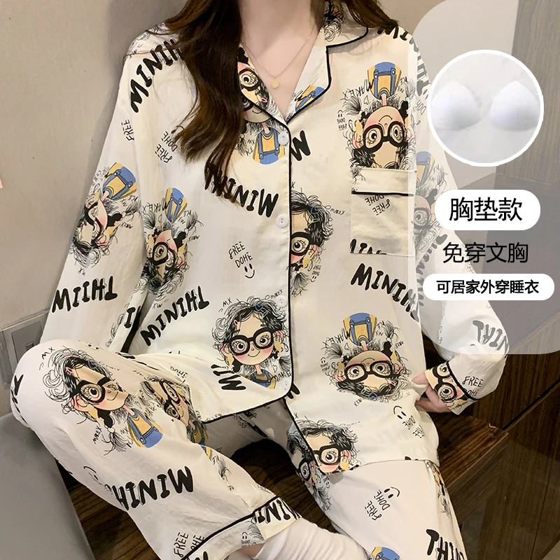 【胸垫版】长袖翻领睡衣女春秋季眼镜女孩卡通家居服开衫套装3604