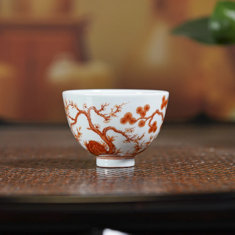 【墨舍名窑】团窑矾红松竹梅鸡心杯ty411纯手工中式手绘陶瓷茶杯