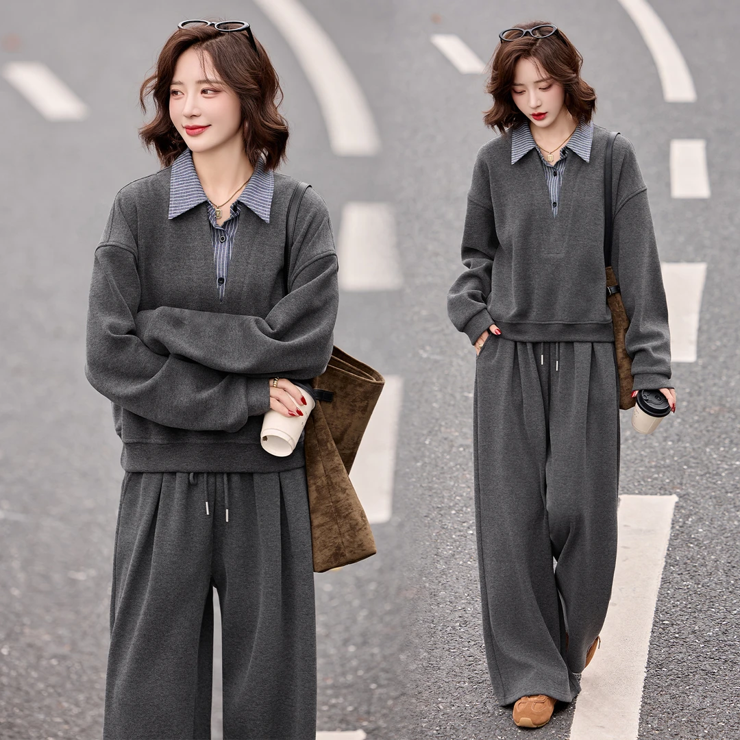 休闲时尚条纹拼接卫衣套装女2025春秋新款设计感气质阔腿裤两件套