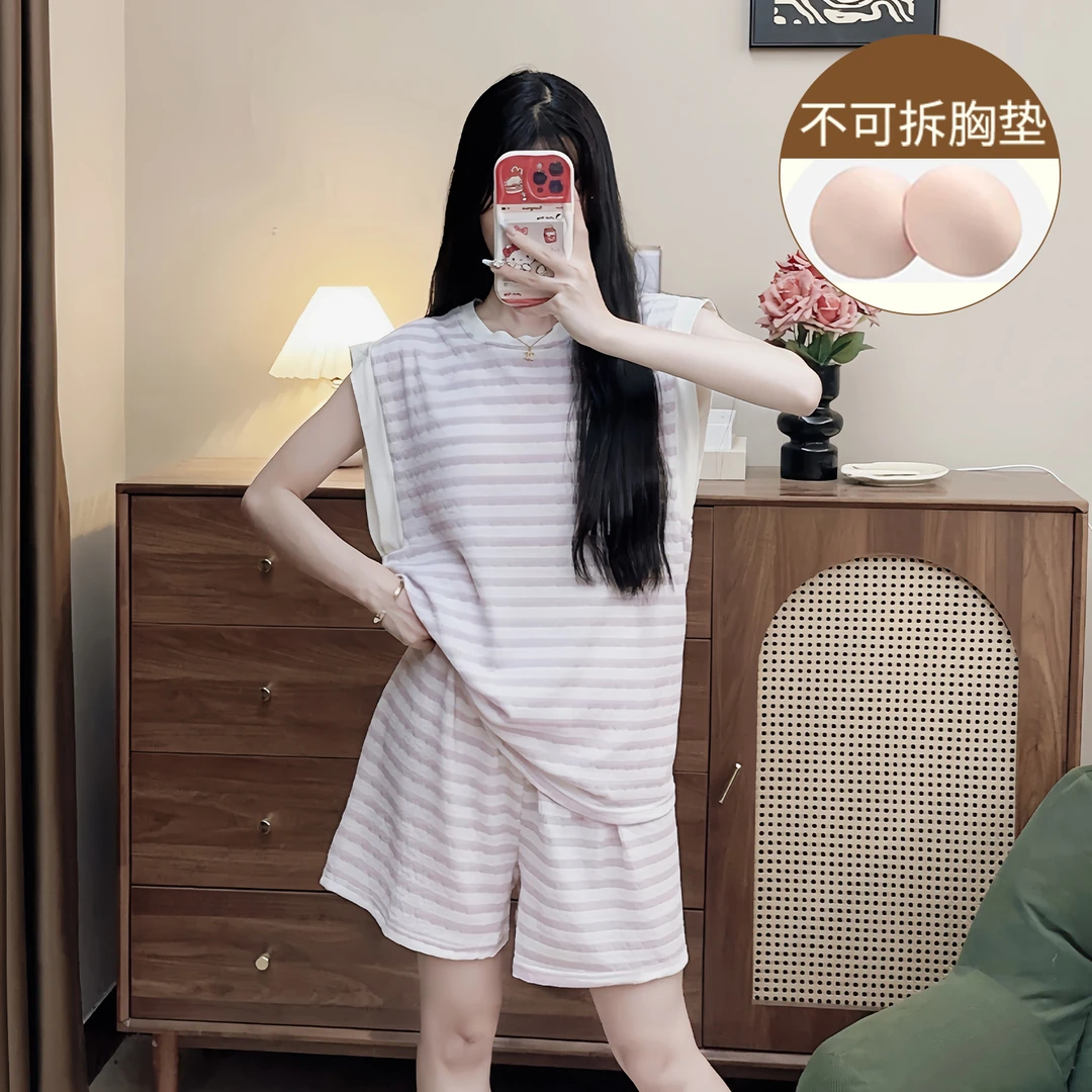 莫代尔睡衣女款夏季薄款简约背心带胸垫小个子套装新款学生家居服