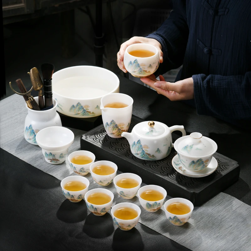 素烧高档茶具套装家用泡茶壶茶杯盖碗千里江山白瓷简约办公室会客
