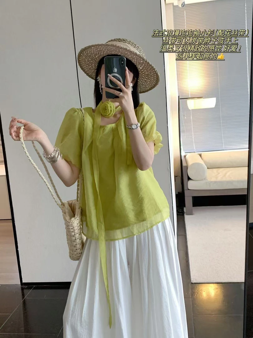 NONO@9736 法式甜美泡泡袖纱感上衣配领花丝带 6-11