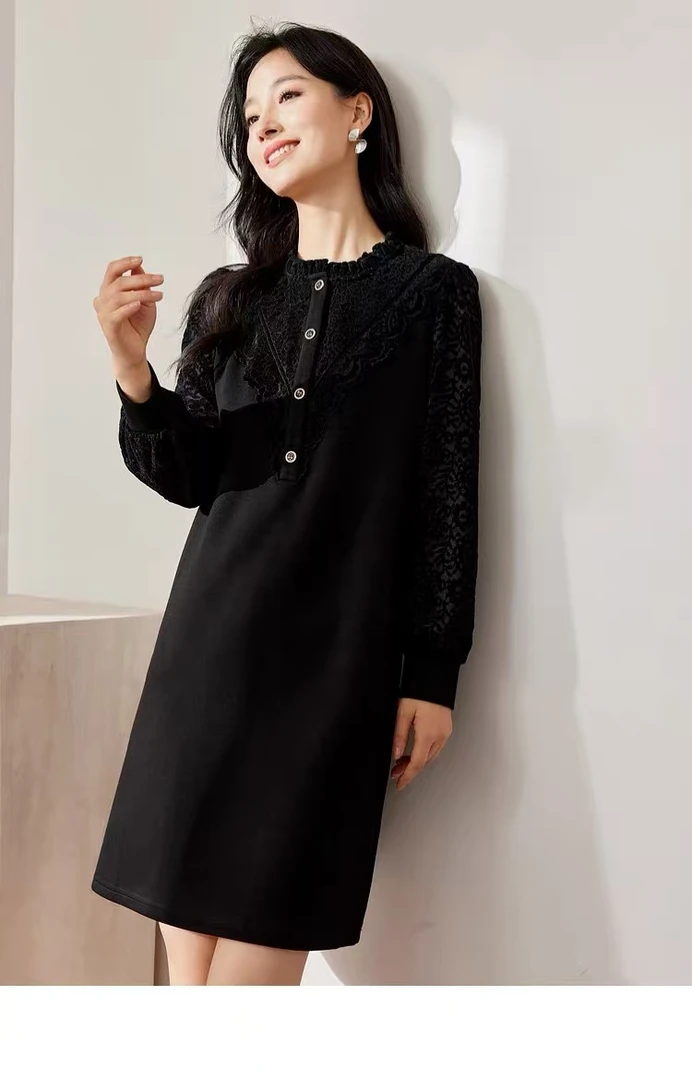 L940 春秋款时尚蕾丝拼接宽松减龄长袖连衣裙JR