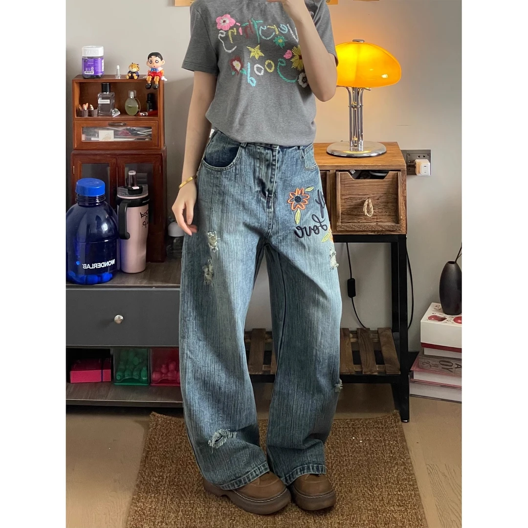 美式复古彩色花卉刺绣破洞弯刀竹节纹牛仔裤男女宽松休闲直筒长裤