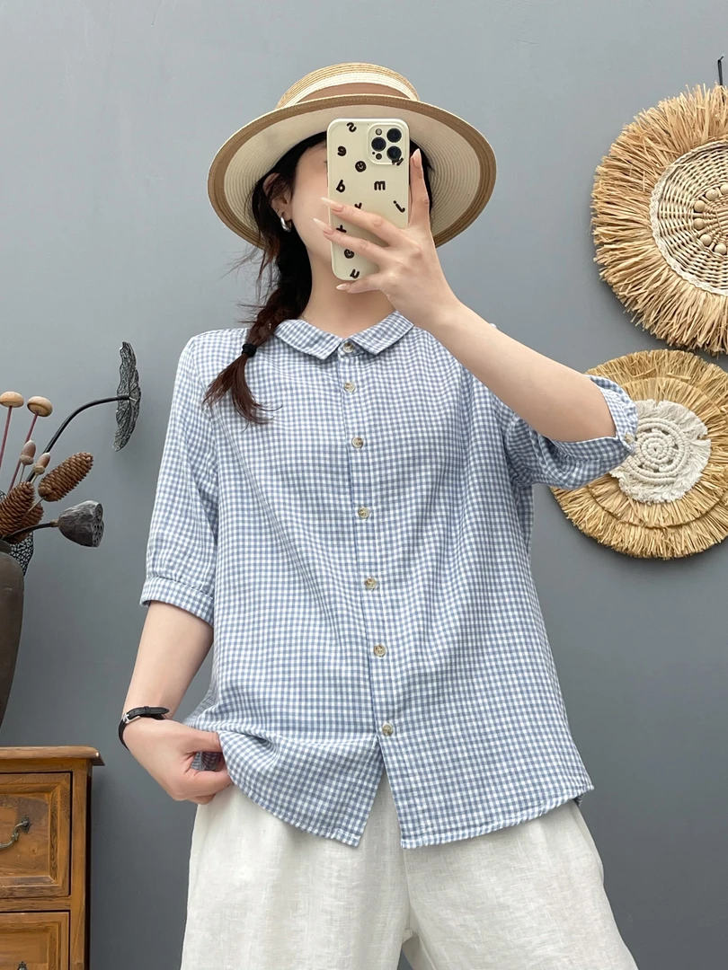 色织翻领格子纯棉夏季中袖衬衫棉纱宽松韩版薄款上衣百搭妈妈装