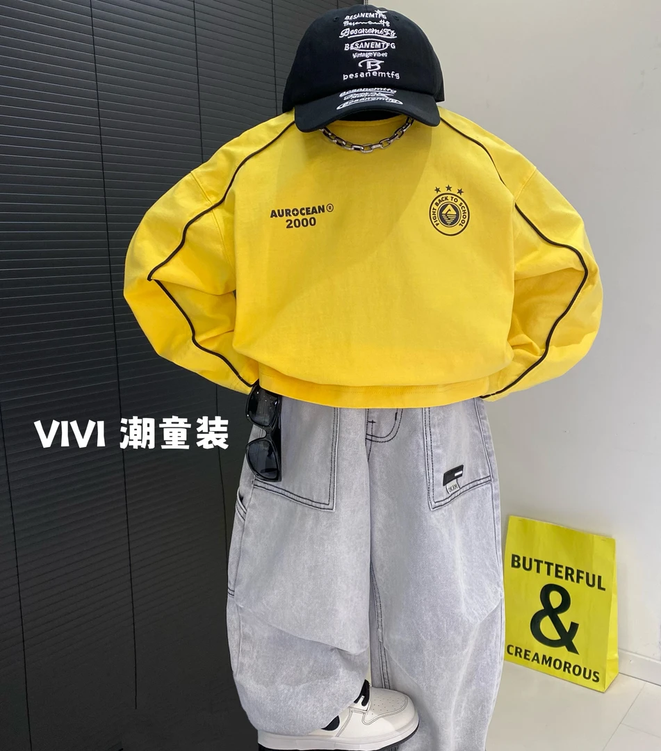 VIVI童装 2025春款潮流中大童黄色时尚印花拼接长袖T恤欧若风