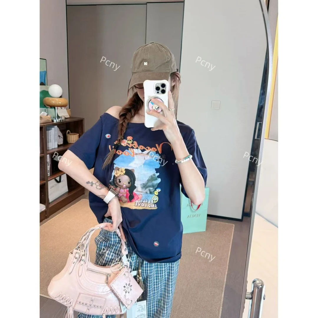PCNY「喵旅初遇」不理理夏季新款小众女装高级感减龄卡通印花短袖