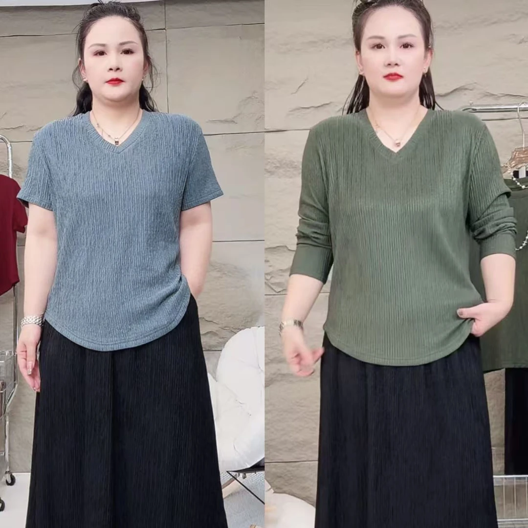 【V领长袖.短袖可选】褶皱风V领单件上衣T恤梭织时尚显瘦休闲微胖大