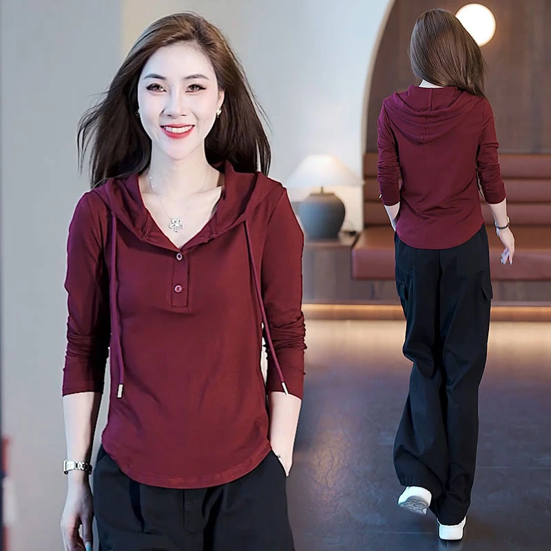 春秋款修身连帽长袖卫衣女2025秋季新款小个子穿搭纯色休闲上衣潮