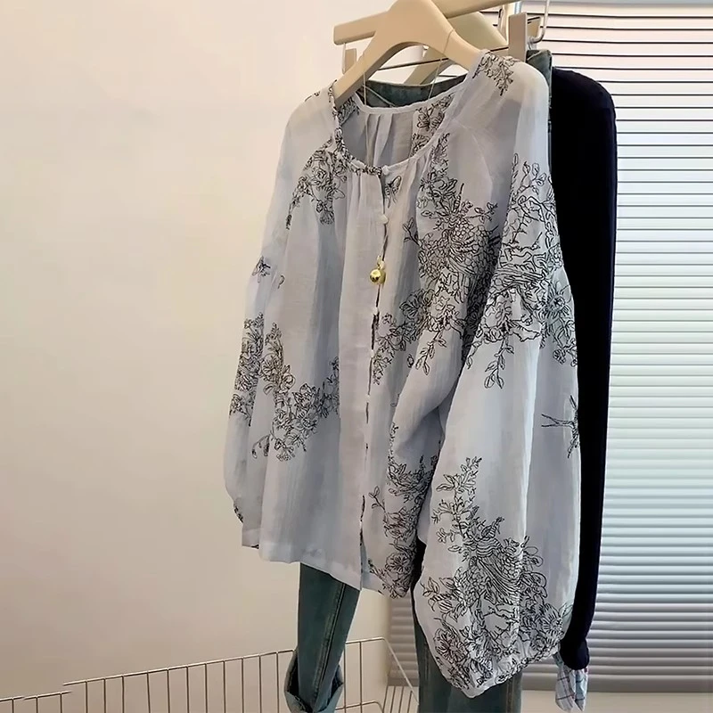 【A295】茶里茶气别致上衣法式圆领灯笼袖印花衬衫女2025新款夏季