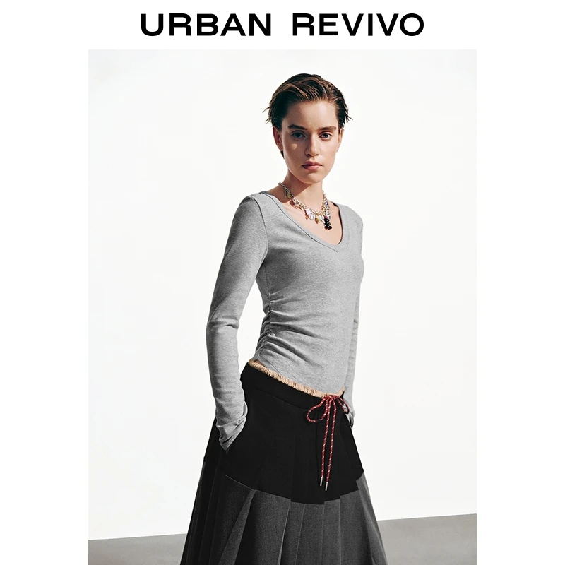 UR2026春季新款女装简约休闲V领褶皱修身长袖T恤UWB450062