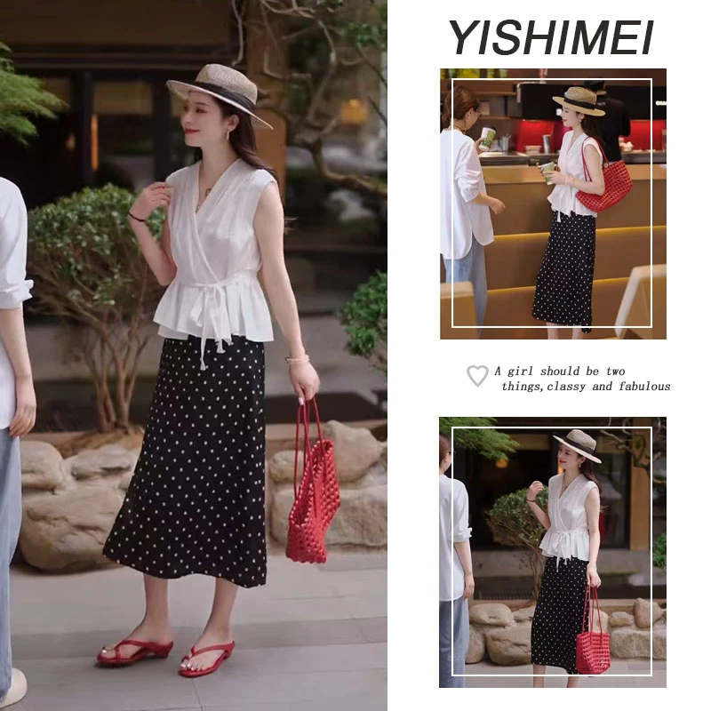 2025夏季穿搭一整套女新款韩版无袖上衣时尚通勤波点半身裙两件套