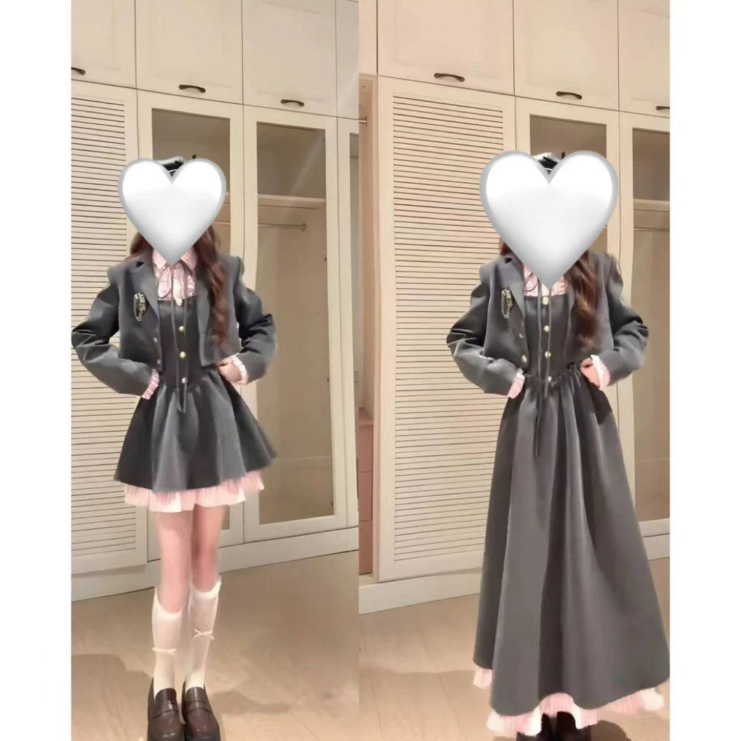 运补}大码胖MM学院风假两件蝴蝶结连衣裙女甜美制服蓬蓬裙a字短裙