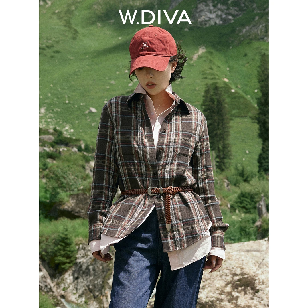 W.Diva【卡其格律】日本进口100绵羊毛复古长袖格纹衬衫53S182425