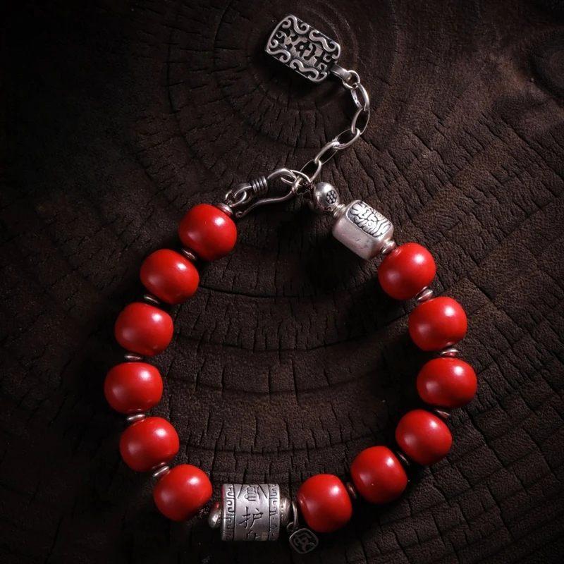 足银手链 S09421<秋梦>红色苹果珠护身符桶珠平安扎基桶形手链