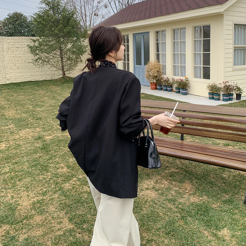 韩系气质V领袖口波点拼接西装外套女2025春季新款配领带时尚西服