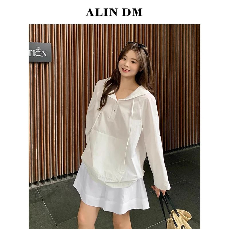 ALINDM【空气告白】大码微胖mm宽松休闲连帽慵懒长袖衬衫 AS26234