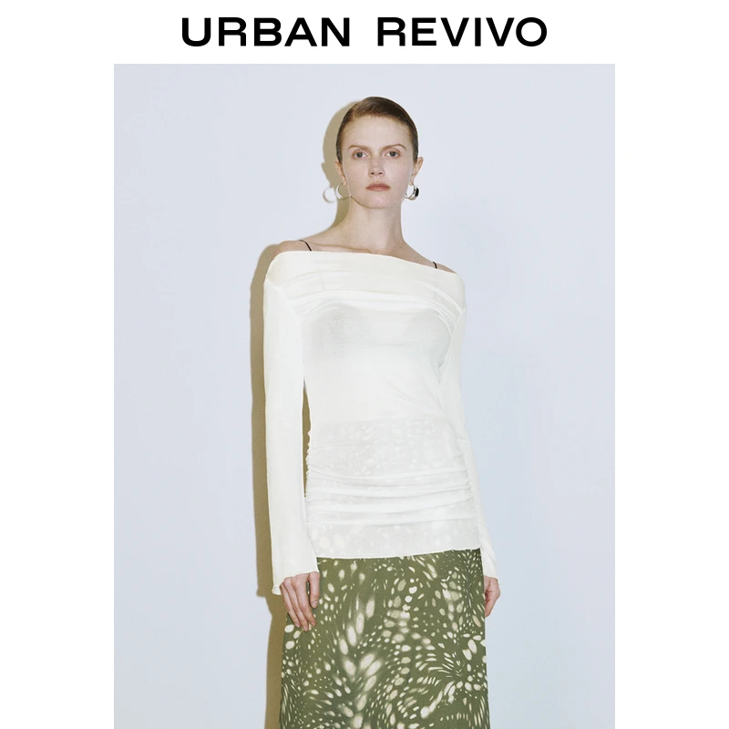 UR2025春季新款女装欧若风气质一字领褶皱修身长袖T恤UWG450040