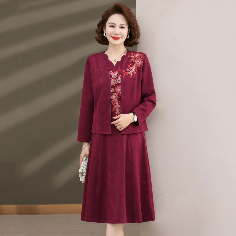 罗蒙高档妈妈装连衣裙女春秋季新款复古中老年人两件套中长款裙子