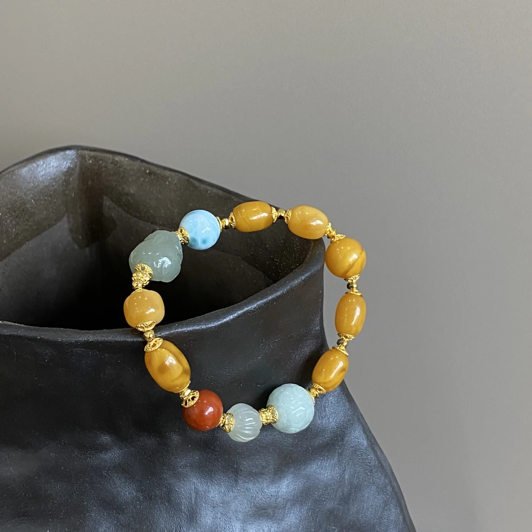 【春城雾】天然蜜蜡海纹石翡翠和田玉手串原创设计手手串