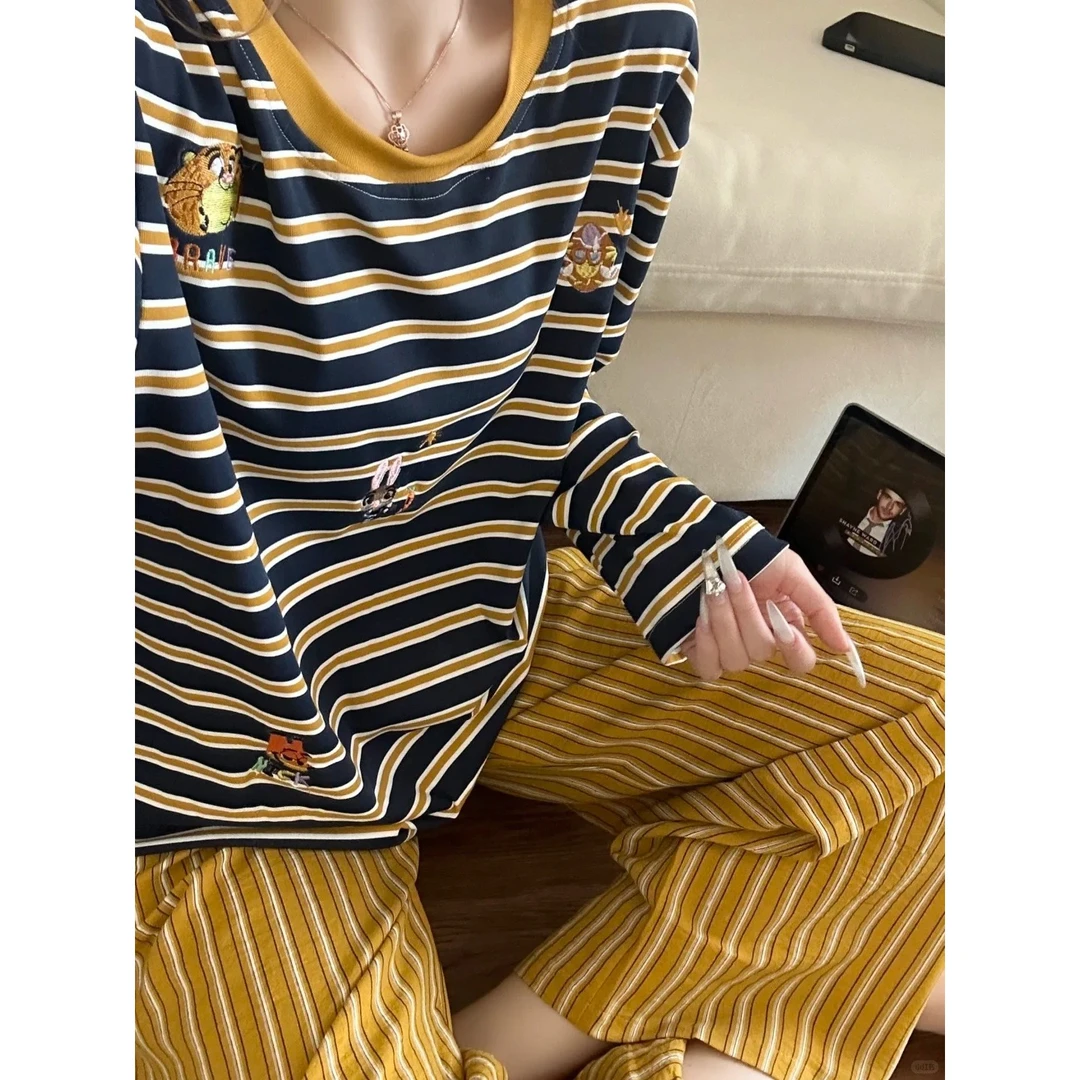 甜美条纹卡通动物派对睡衣女早秋新款长袖长裤套装大码显瘦家居服