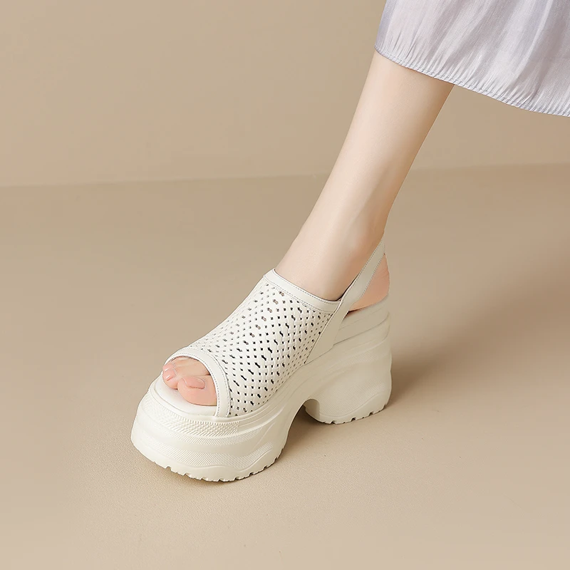 12公分内增高厚底超高跟凉鞋女真皮镂空透气夏季小个子洞洞鞋鱼嘴