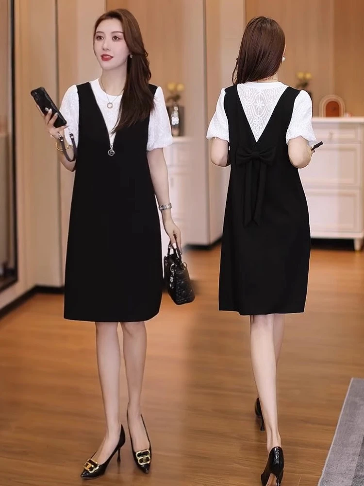 时尚休闲假两件短袖连衣裙女2025夏季新款洋气质设计感中长款裙子