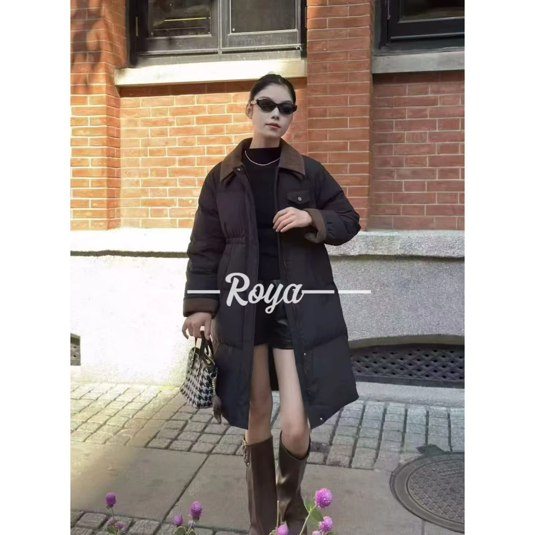 【羽羽】灯芯绒领拼接中长款宽松纯色翻领长袖女士