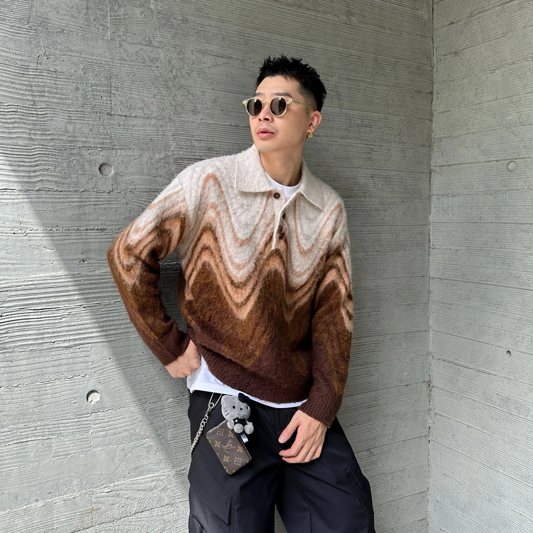 DUIZHI/对质溶解渐变手工拉毛时尚秋冬撞色POLO领宽松针织衫毛衣