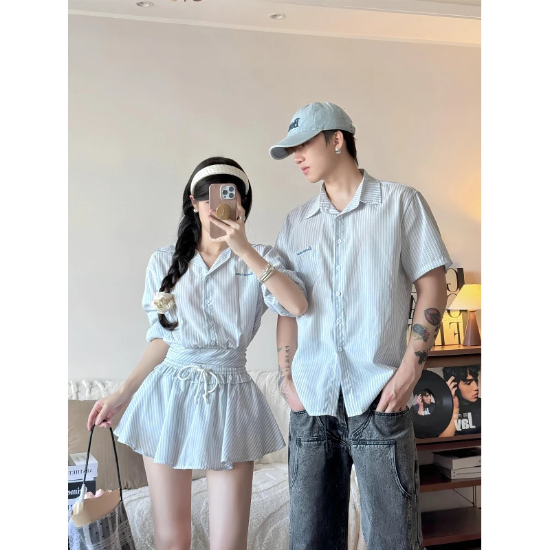 夏季女气质衬衫套装男衬衣清新情侣装男士洋气轻奢痞帅高级感男装