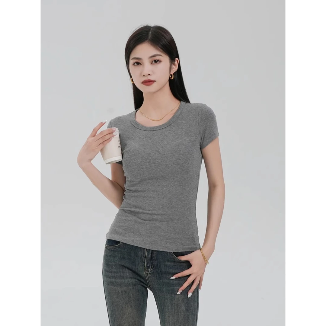 灰色镂空露背短袖女t恤2025新款夏季内搭打底衫辣妹短款正肩上衣