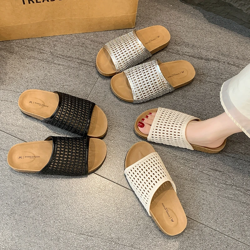 网红镂休闲风防滑浅口编织日常一字拖凉拖鞋镂空网红软底休闲时尚