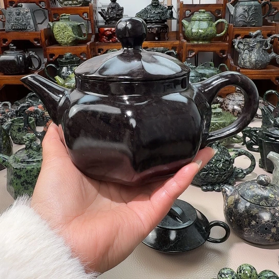 诚***信蛇纹石玉未镶嵌藏玉药王石茶壶摆件